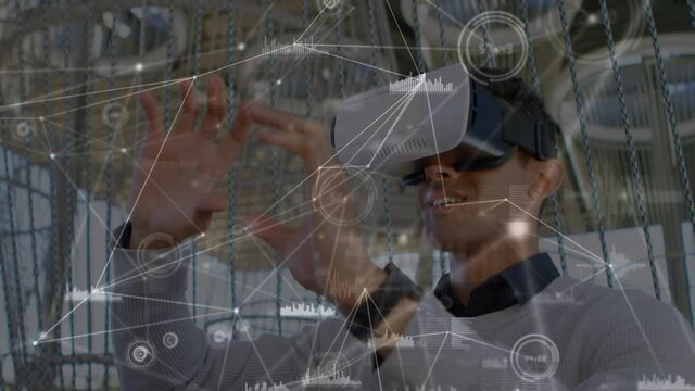 Animation of network of connections over man wearing vr headset