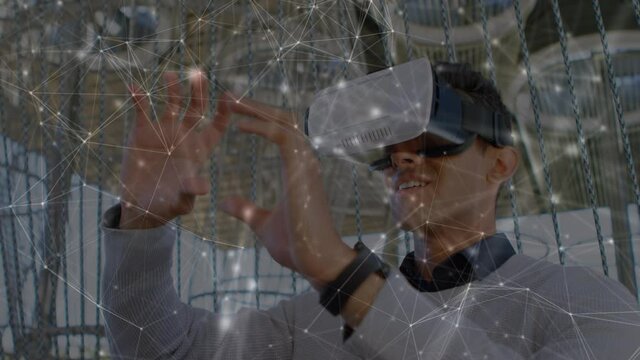 Animation of network of connections over man wearing vr headset