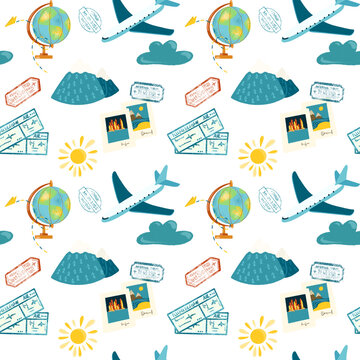 Seamless pattern of tourism elements (airplane, globe, passport stamps and air tickets), hand drawn illustration on white background