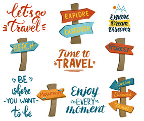 Set of tourism pointers and handwritten travel inspirational saying, isolated illustration on white background