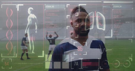Animation of digital interface with medical data processing over rugby players