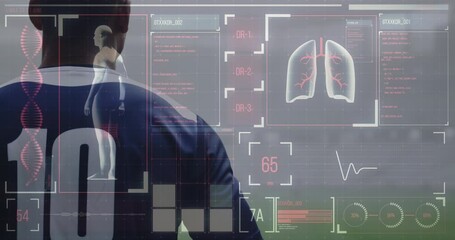 Animation of digital interface with medical data processing over rugby players - Powered by Adobe