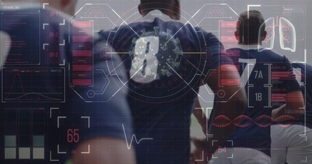Animation of digital interface with covid 19 medical data processing over rugby players - Powered by Adobe
