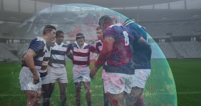 Animation of globe with data processing over rugby players
