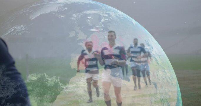 Animation of globe with data processing over rugby players