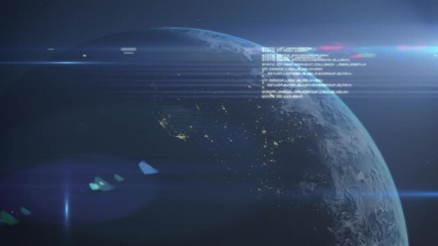 Animation of data processing and glowing light trails over planet earth