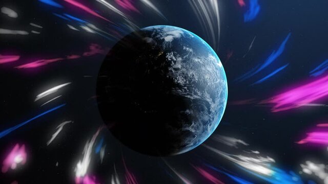 Animation of glowing light trails over planet earth