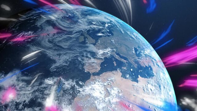 Animation of glowing light trails over planet earth