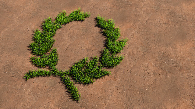 Concept conceptual green summer lawn grass symbol shape on brown soil or earth background, laurel wreaths sign. 3d illustration metaphor for victory, winning, success, achievement, triumph