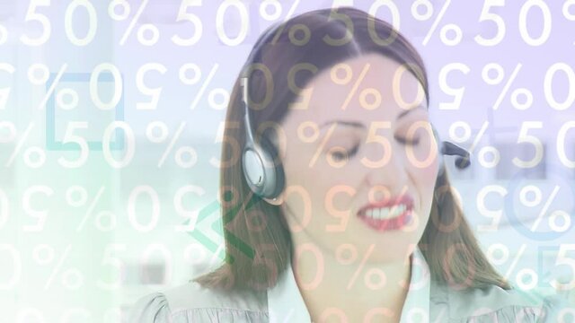 Animation of shapes and numbers over businesswoman wearing phone headset