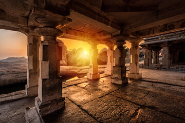 Beautiful ancient architecture of temples on Hemakuta Hill, Hampi, Karnataka, India.