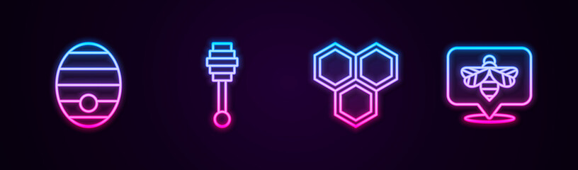 Set line Hive for bees, Honey dipper stick, Honeycomb and Bee. Glowing neon icon. Vector