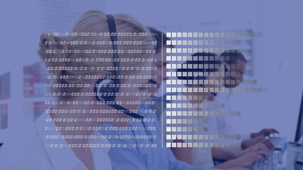 Animation of binary coding data processing over business people using phone headsets - Powered by Adobe