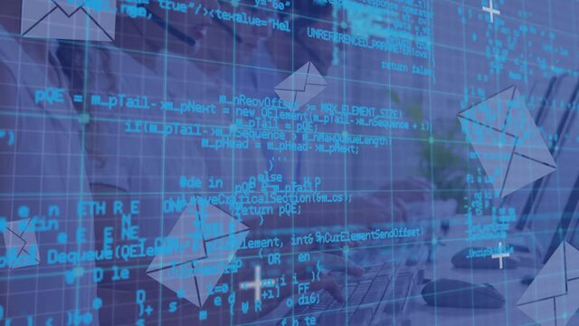 Animation of data processing oper business people using phone headsets