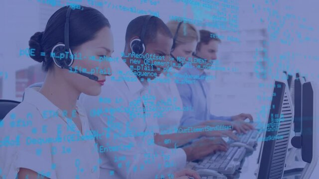 Animation of data processing oper business people using phone headsets
