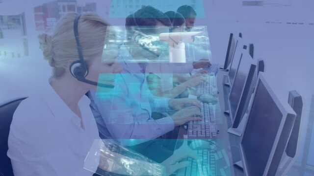 Animation of data processing oper business people using phone headsets