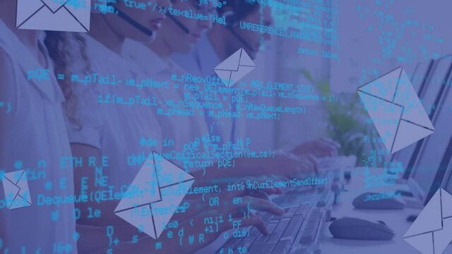 Animation of envelope icons and data processing oper business people using phone headsets