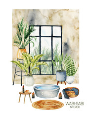 Watercolor interior scene of bathroom in wabi-sabi style, simple living concept, hand drawn illustration on white background