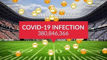 Animation of covid19 infection counter and sick emojis over rugby stadium - Powered by Adobe