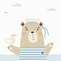 Cute bear sailor in a striped vest and hat with a seagull at the sea. Vector illustration. Poster with animals for kids collection, postcards, design, print, nursery decoration and greeting cards