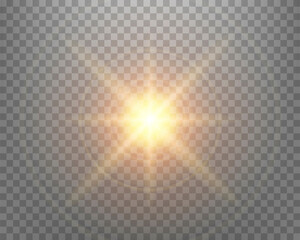 Sunlight lens flare, sun flash with rays and spotlight. Gold glowing burst explosion on a transparent background. Vector illustration.