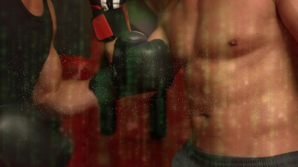 Animation of digital interface with rotating dna strand and data processing over boxers - Powered by Adobe