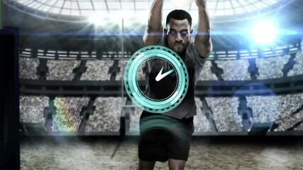 Animation of digital interface with clock over rugby player - Powered by Adobe