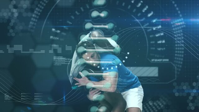Animation of digital interface with rotating dna strand and data processing over rugby players - Powered by Adobe