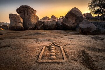 Beautiful ancient architecture of temples on Hemakuta Hill, Hampi, Karnataka, India.
