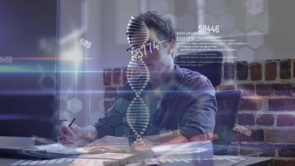 Animation of dna strand and numbers processing over businessman in office - Powered by Adobe