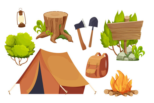 Set camping equipment campfire, tent, lantern, shovel and axe, travel backpack and bush in cartoon style isolated on white background. Forest activity, vacation