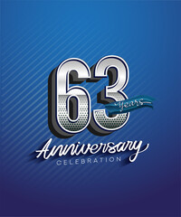 63rd years anniversary celebration logotype with silver color and blue ribbon isolated on blue background