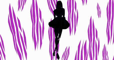 Obraz na płótnie Canvas Composition of fashion model in dress silhouetted over purple and white abstract pattern background