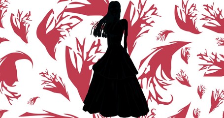 Composition of fashion model in dress silhouetted over pink and white abstract pattern background