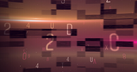 Digital image of alphabets and numbers moving and changing against purple background