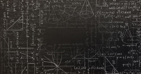 Digital image of mathematical equations and diagrams moving against black background