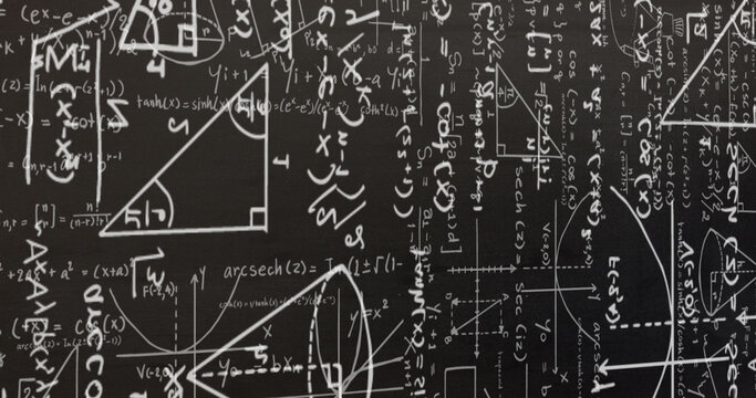 Image of white mathematical formulae and geometric drawings on blackboard