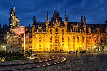 Fototapeta na wymiar Famous tourist destination Grote markt square and Provincial Court building in Bruges, Belgium in the night