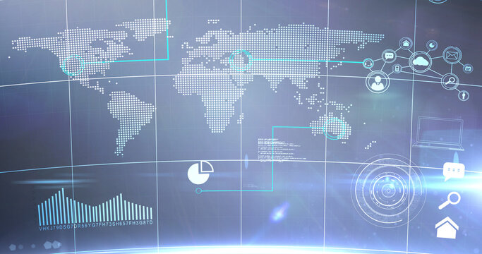 Image of statistics recording and data processing over world map