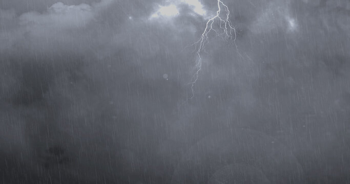 Image of thunderstorm with lightning, heavy rain and grey clouds