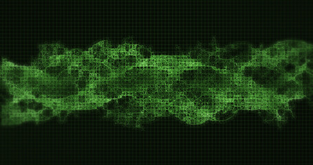 Image of a digital glowing pixelated green 3d double helix DNA