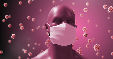 Image of macro Covid-19 cells floating around a 3D human face on a pink background. 