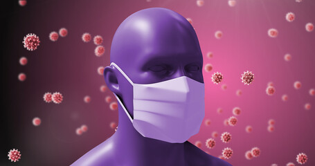 Image of macro Covid-19 cells floating around a 3D human face on a pink background. 