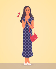 Beautiful girl with a face in love. She is wearing a long summer dress. Handbag in hand. Romantic hearts. Vector cartoon romantic illustration.