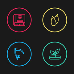 Set line Scythe, Sprout, Seed and Book about seeds icon. Vector