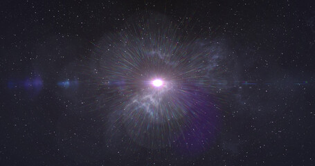 Bright white spot of light and rays glowing in the night sky