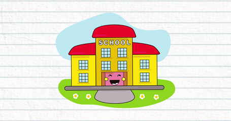 Image of a school with a smile on blue lines on a white background