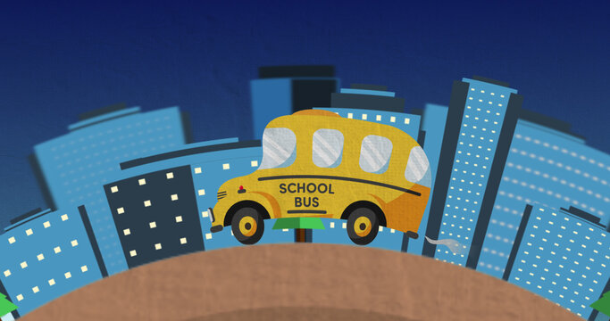 Image of school bus driving in cityscape