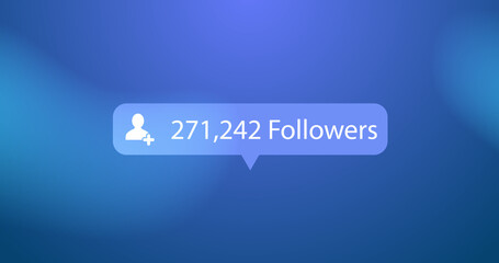 Profile icon, followers text and increasing numbers on speech bubble against blue background