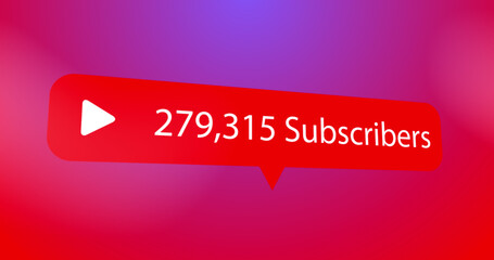 Play button icon, subscribers text and increasing numbers on speech bubble against red background